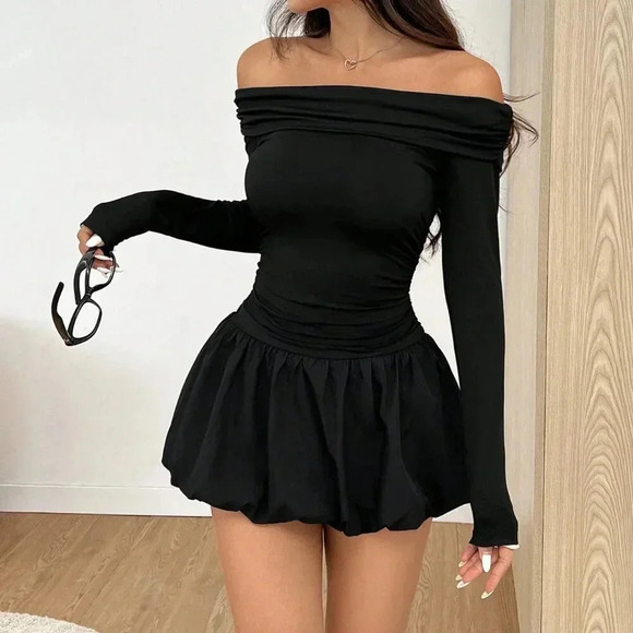 Black Elegant Women's Solid One-Shoulder Long Sleeve Ruffle Hem Mini Dress - Picture 5 of 6